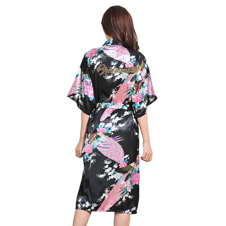 Summer Casual Mid-calf Women Bridesmaid Wedding Robe Exquisite Print Peacock Letter Nightgown Wedding Party Gift Satin Pajamas