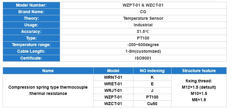 CG WZPT-01 компрессионная пружина M12 PT100 тип с 1 м 2 м 3 м 5 м провода кабель термопары разъем датчик температуры
