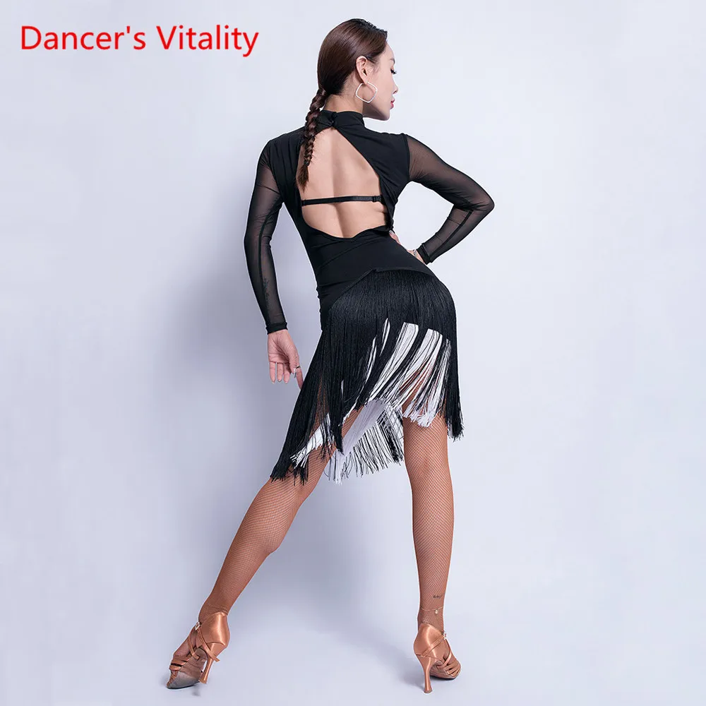 Latin Dance New Female Adult Dress Tassels Performance Practice Clothes Sexy Open Back Training Costumes Dance Skirt