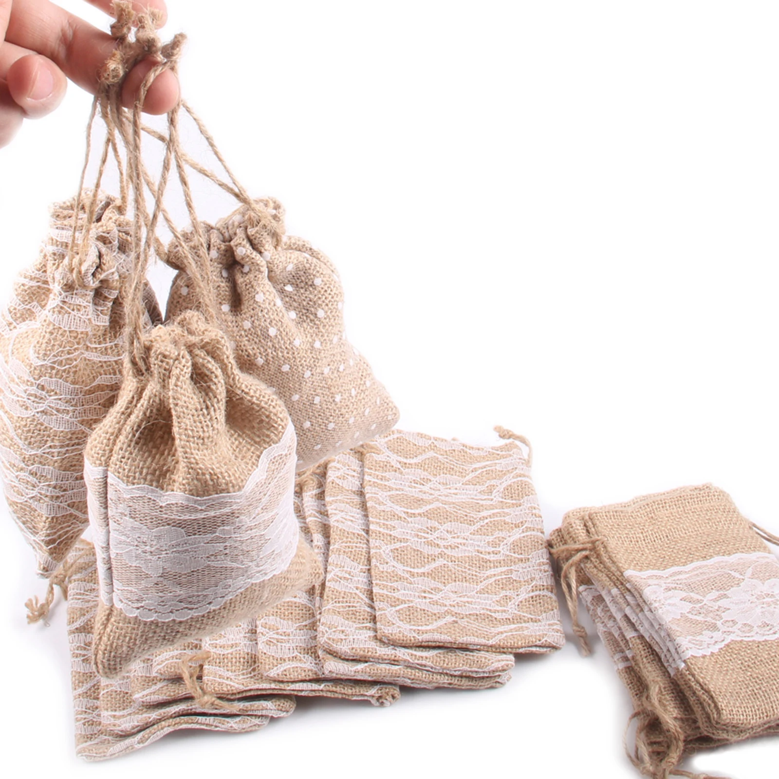 

10x15cm Wedding DIY Linen Jewelry Bag Lace Gift Burlap Bag Home Mini Strawstring Storage Bag Festival Party Decoration