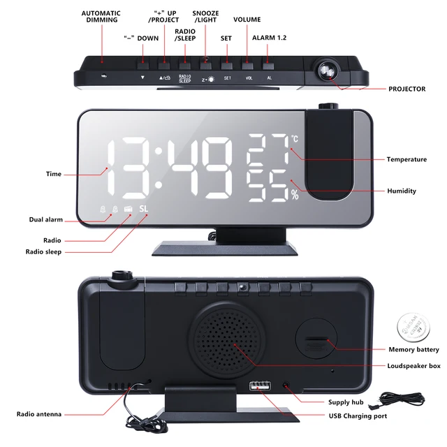 LED Digital Alarm Clock Electronic Projection Clock With FM Radio Snooze Weather Station Calendar Thermometer Projector Function 3