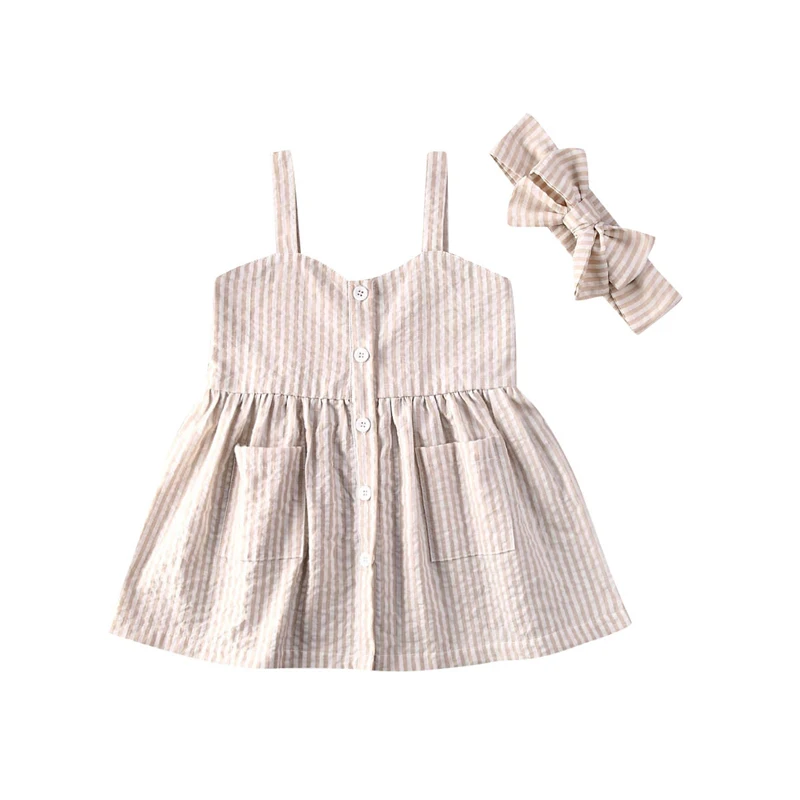 

2Pcs Casual Kid Baby Girl Stripe Dress Cotton Button Clothes Summer Pocket Sleeveless Dress Girl A-Line Party Sundress 1-4Y