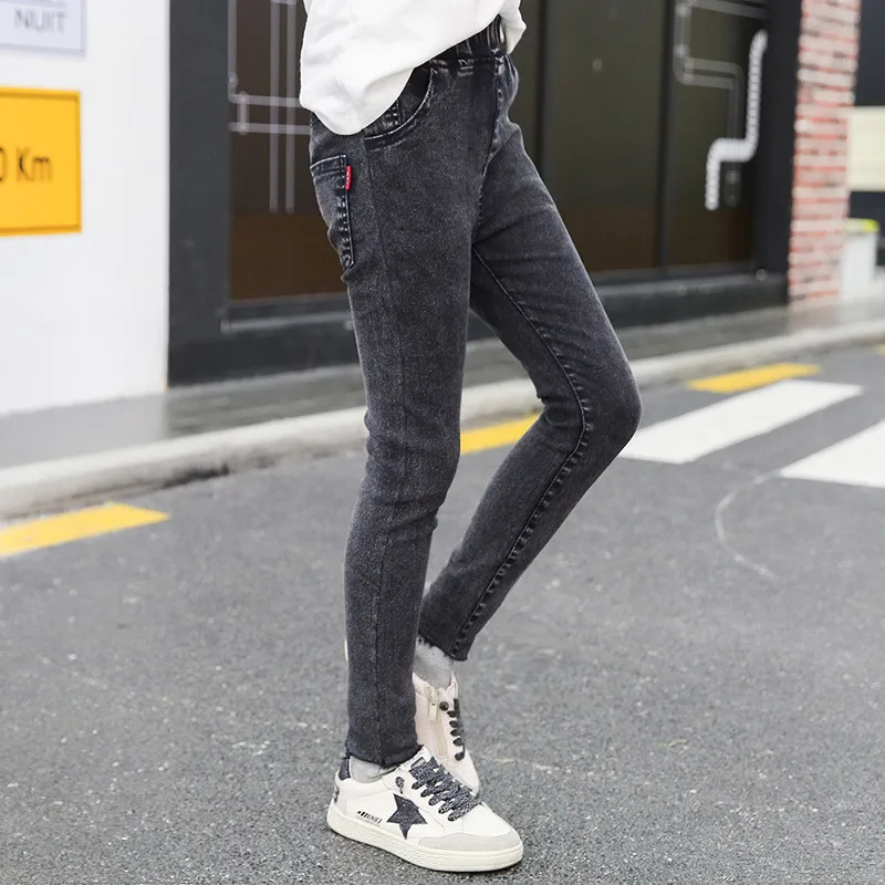 Новые зимние джинсы для девочек плотные теплые обтягивающие джинсы для детей, корейские джинсовые штаны черные джинсы однотонные джинсы штаны стрейч для девочек