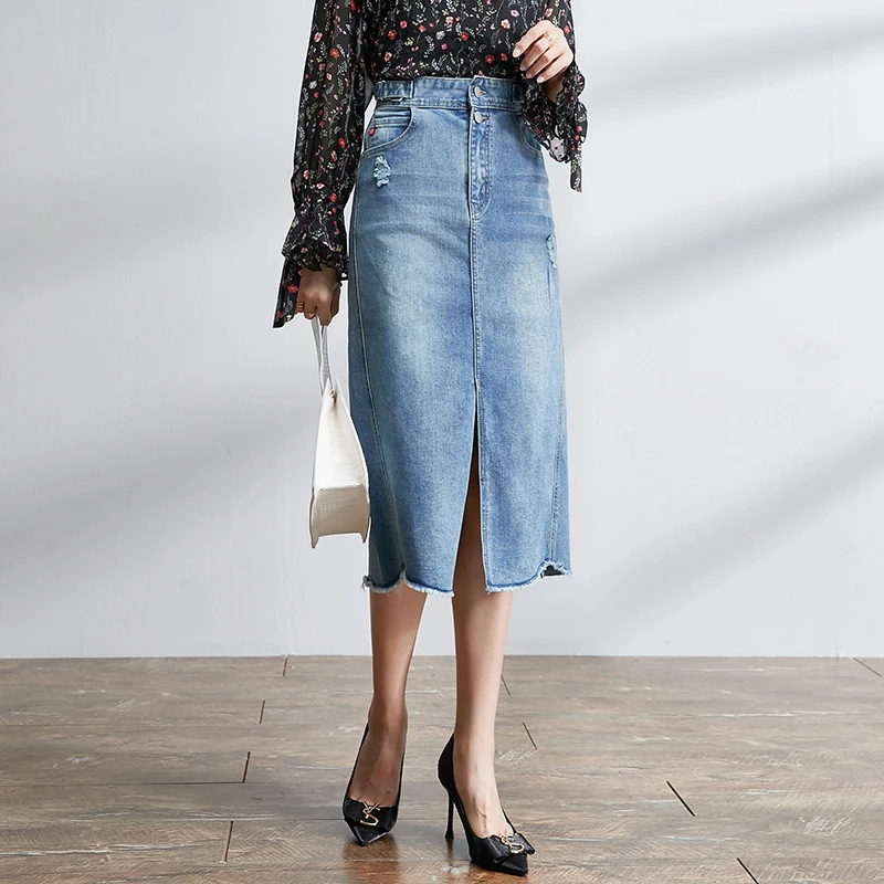 

Women Denim Skirt Autumn Spring New Vintage Destroyed Hole Front Split Jeans Elegant Beauty OL Midi Skirts