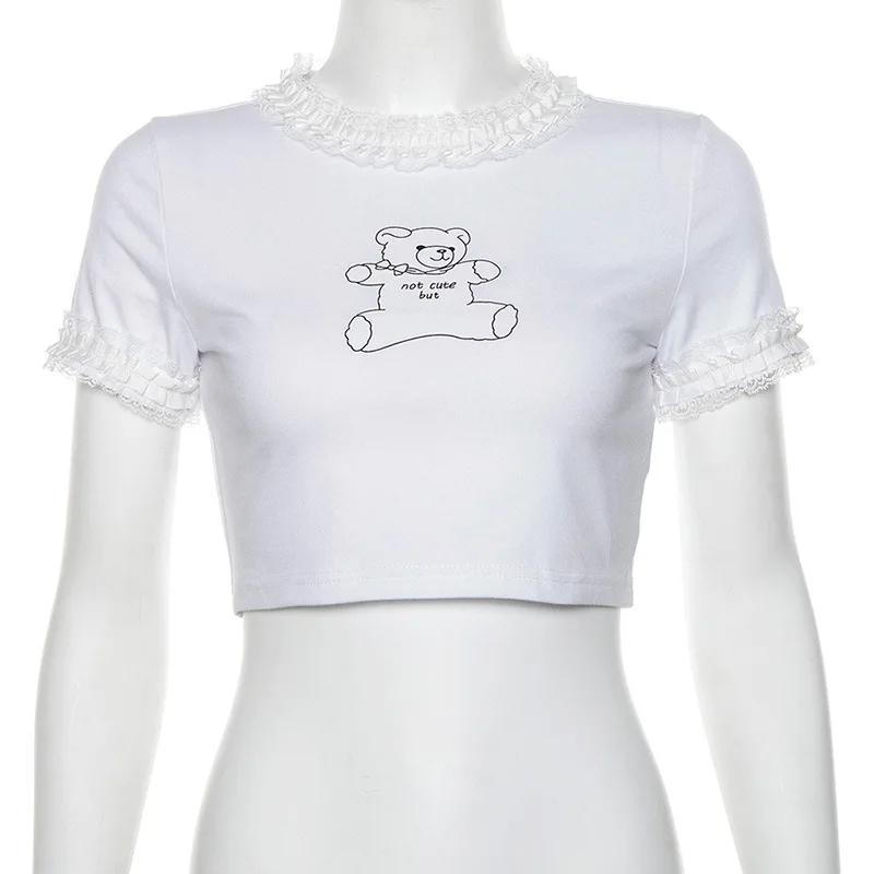 2019 Летний Уличная белый короткий топ женские милые футболки с принтом медведя женские кружевные топы Harajuku Короткие Camisetas Mujer