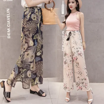 

Women Floral Print Chiffon Wide Leg Pant 2019 Summer Female Casual Loose Oversize Trousers High Elastic Waist Boho Beach Pants