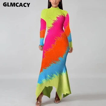 

Women Long Sleeve O Neck Knitted Maxi Dress Irregular Hem Bodycon Long Dress Sexy Autumn Winter Church Party Club Dress