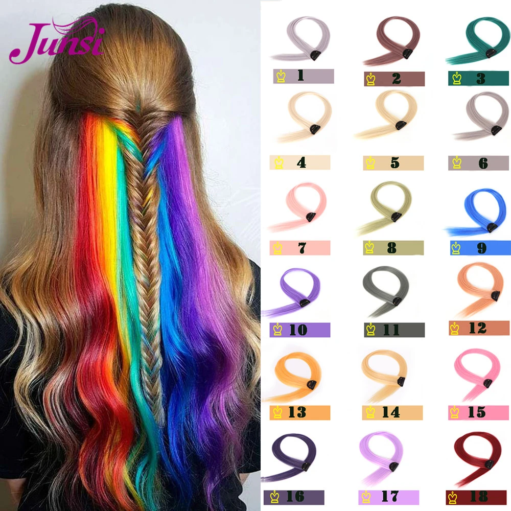 JUNSI Colored Hair Strands Hair Extension Long Straight Female Rainbow Hair  Pieces A Clip Heat Resistant Synthetic Bundles|Synthetic Clip-in One Piece|  - AliExpress