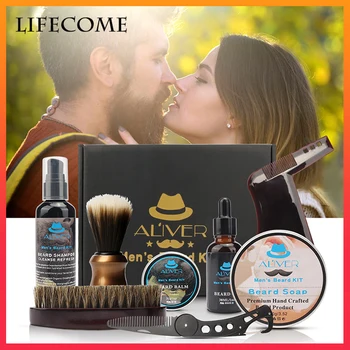 

ALIVER 10pcs/set Beard Kit Barba Beard Oil Beard Balm Beard Brush Template Comb Tote Bag Beard Growth Kit Barbe Beard Care Set