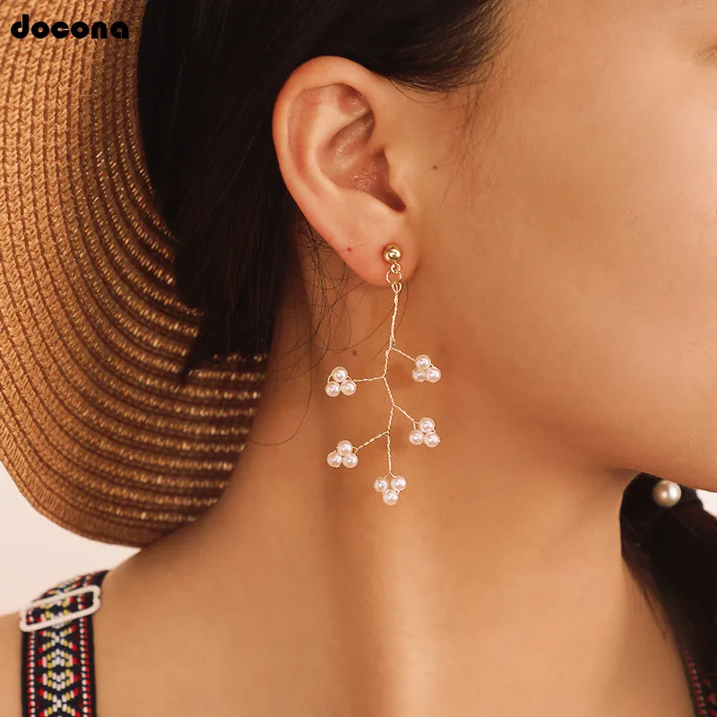 

docona Trendy Pearl Flower Drop Earring for Women Girl Winding Floral Dangle Earrings Statement Jewelry Brincos C12206