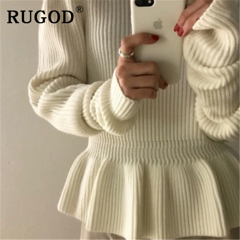 RUGOD, корейский шик, белый свитер, женский, элегантный, с оборками, с пышными рукавами, тонкий, вязанный, пуловеры, модные, для офиса, для девушек, Зимняя вязанная одежда