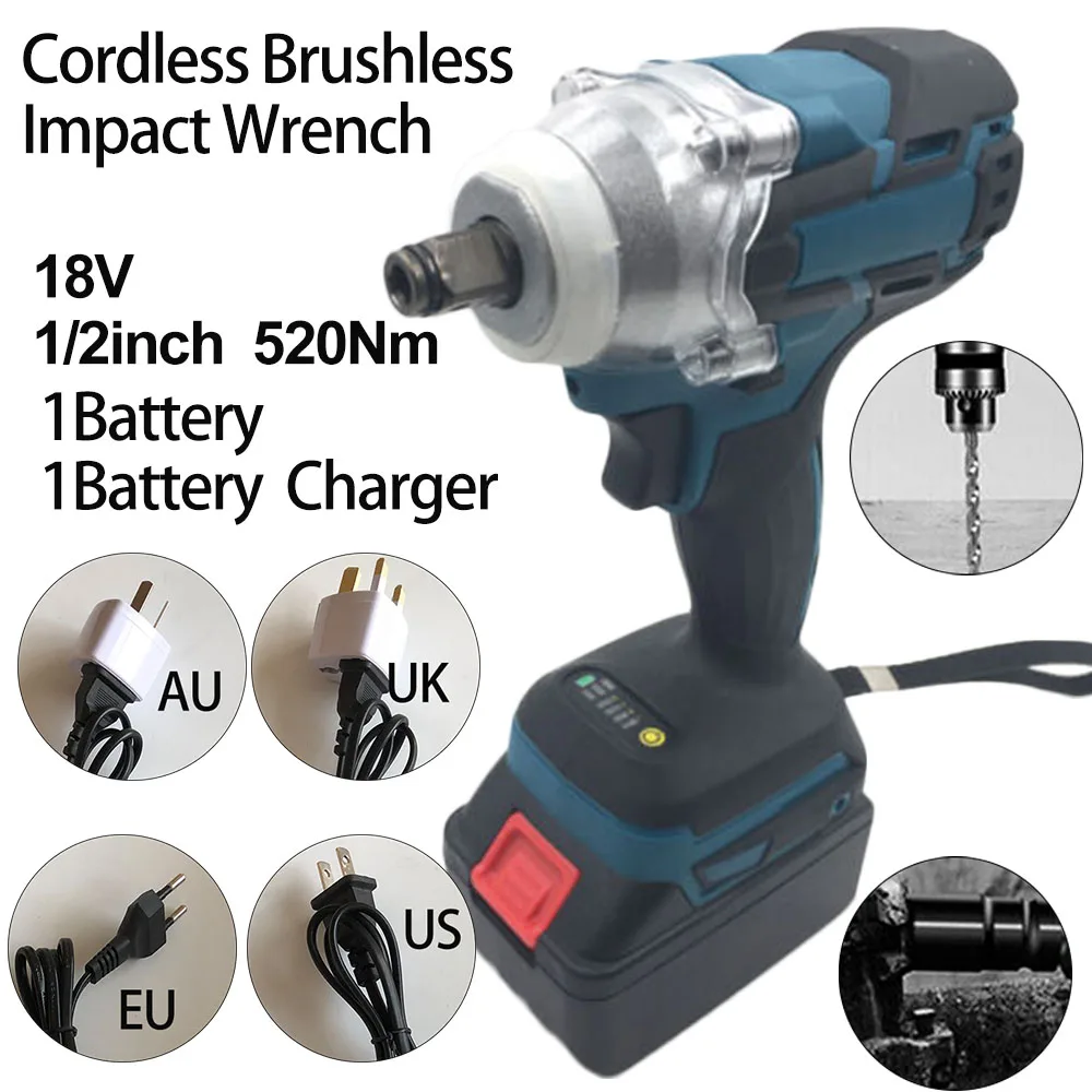 

Top Selling UK/US/AU/EU Black + Blue Cordless Brushless 18V 1/2inch 520Nm Electric Impact Wrench Driver + Battery Set
