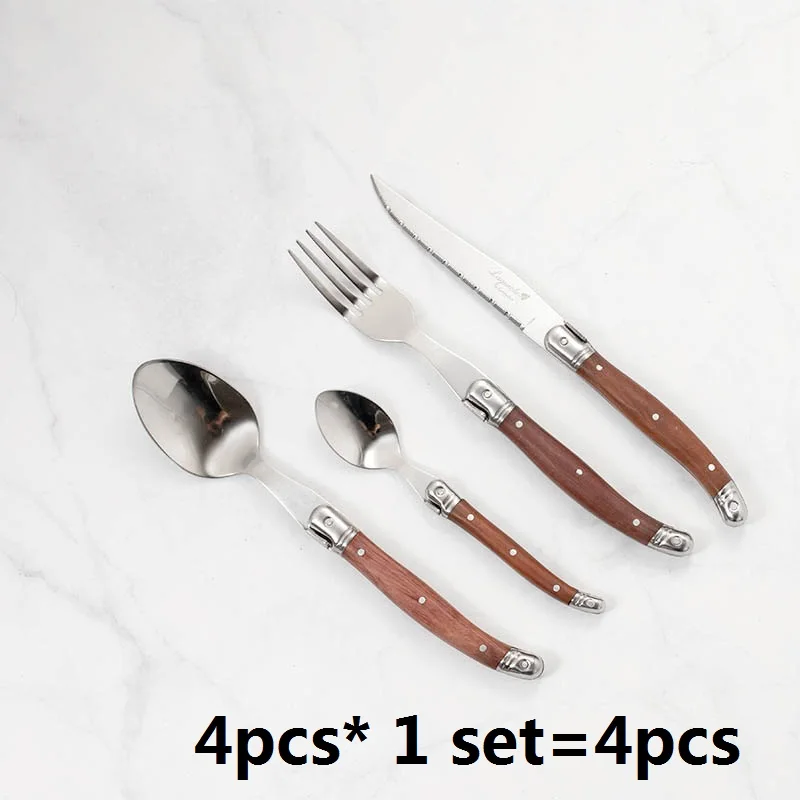 4pcs 1 set Набор столовых приборов из нержавеющей стали Laguiole, 24 шт., деревянные ручки, нож для стейка, вилка, столовая ложка, чайная ложка, столовые приборы, подарок, вечерние столовые приборы - Цвет: 4pcs 1 set