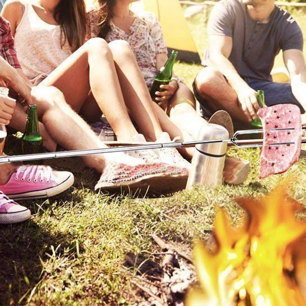 8Pcs Portable Outdoor Camping Picnic BBQ Durable Wooden Handle U-Shaped Fork Telescopic Barbecue Sticks New