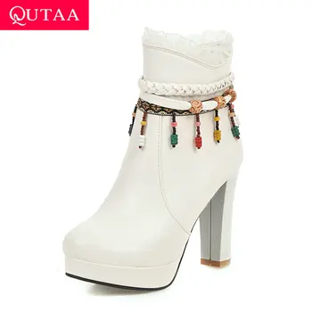 

QUTAA 2020 Platform Round Toe Square High Heel Mid Calf Boots PU Leather Ethnic Tassel Zipper Leisure Women Shoes Size 34-43