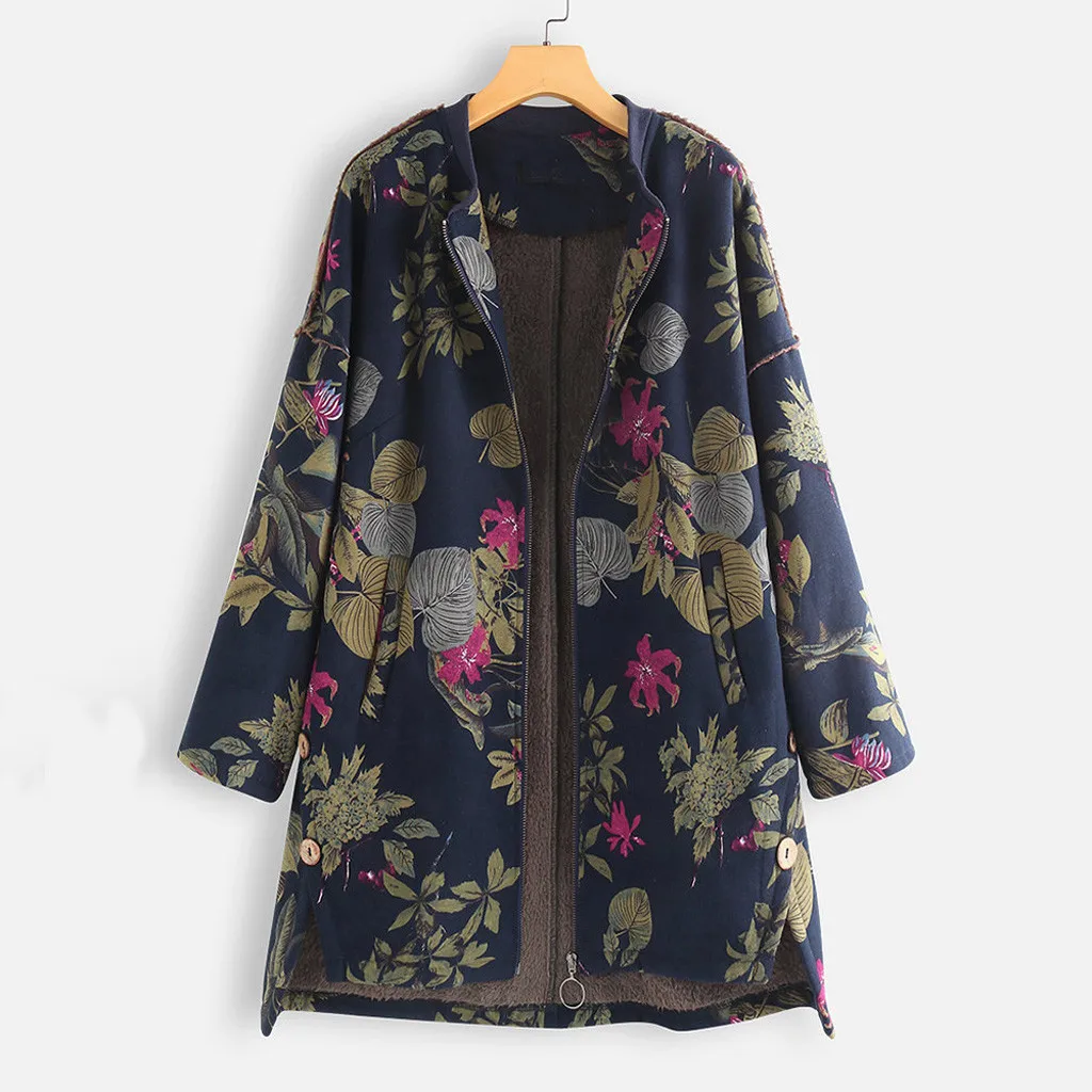 Womail, женские пальто, женская зимняя теплая винтажная верхняя одежда, карманы с цветочным принтом, винтажное пальто большого размера для женщин Abrigo S-5XL