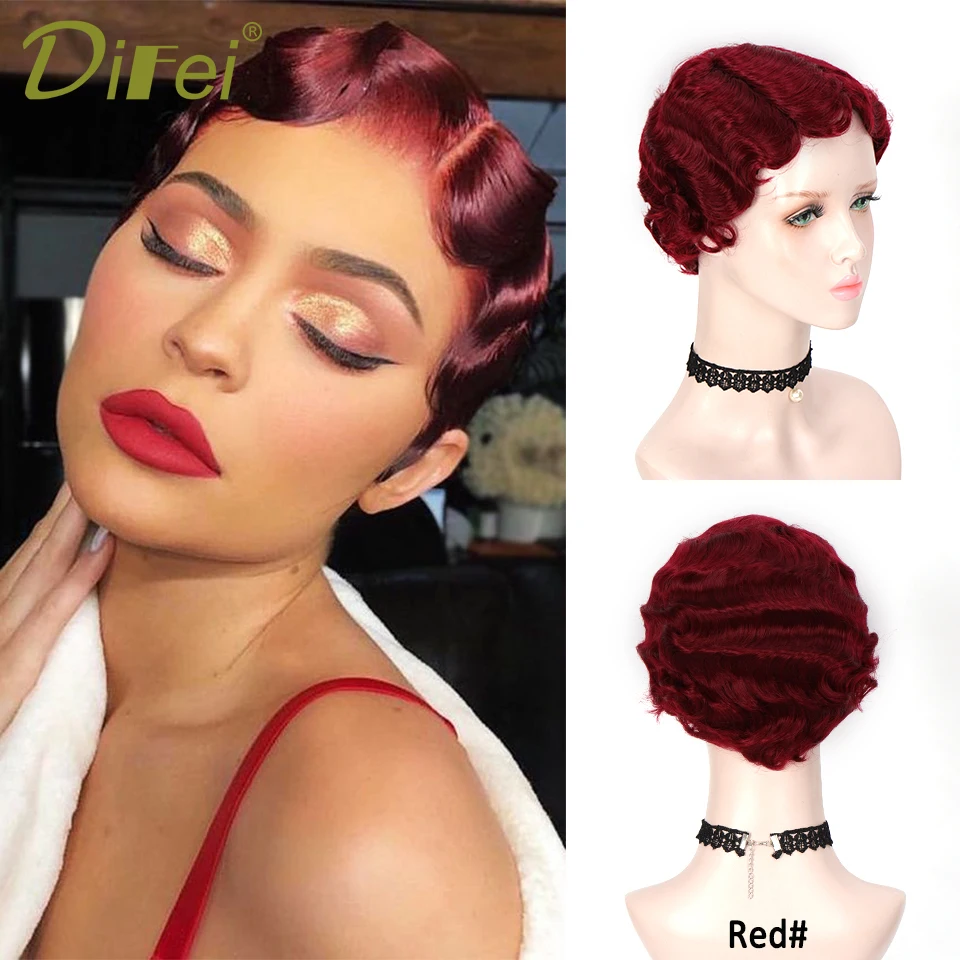 DIFEI 6 Inch Short Curly Wig Finger Wave Hair Synthetic Cosplay Heat Resistant Hair Vintage Wigs For Women Black Purple Red 613