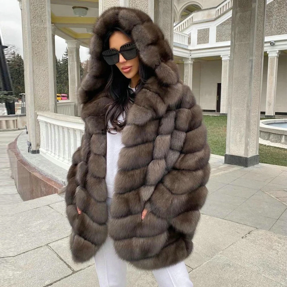 Women Mid-length Natural Fox Fur Jacket with Hood Sable Color Whole Skin Genuine Fox Fur Coats Thick Warm Fur Overcoat Female