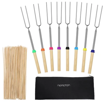 

8pcs U-shaped Roasting Sticks Stainless Steel Telescopic Barbecue Forks Wooden Handle Sausage Skewers