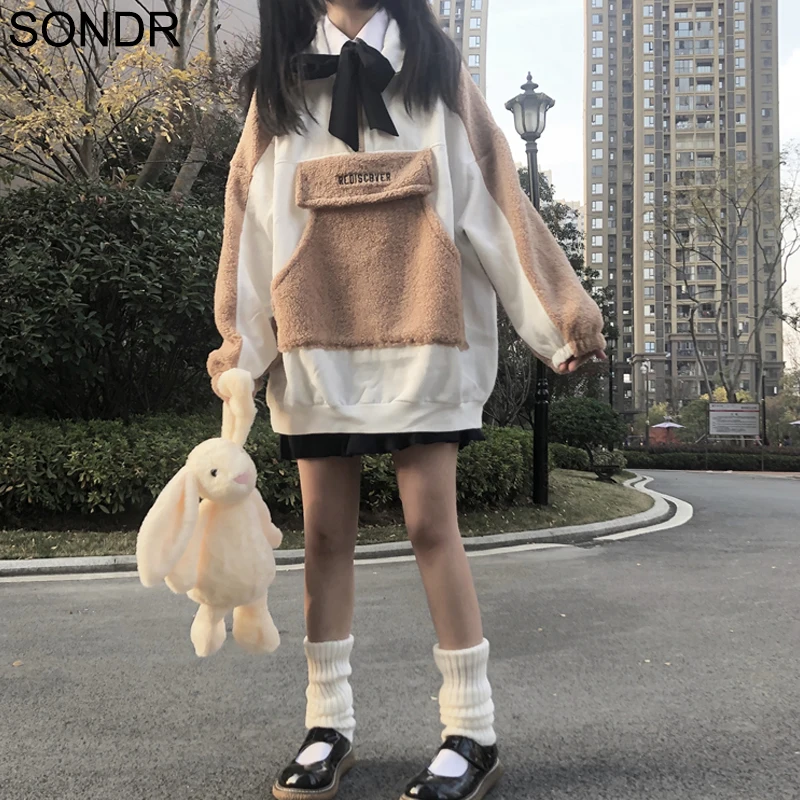 

Kawaii Casual Pullover Women Autumn Winter New Cute Plush Contrast Color Casual Loose Big Pockets Plus Fleece Sweatshirt Jumpers