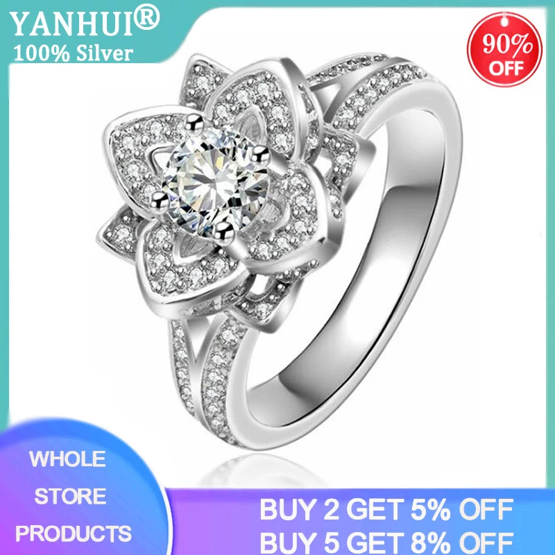 YANHUI New Design Flower Shape 925 Silver Gold Plating Round Cut 5A Cubic Zirconia Women Wedding Band Ring For Lovers' Gift J038 |