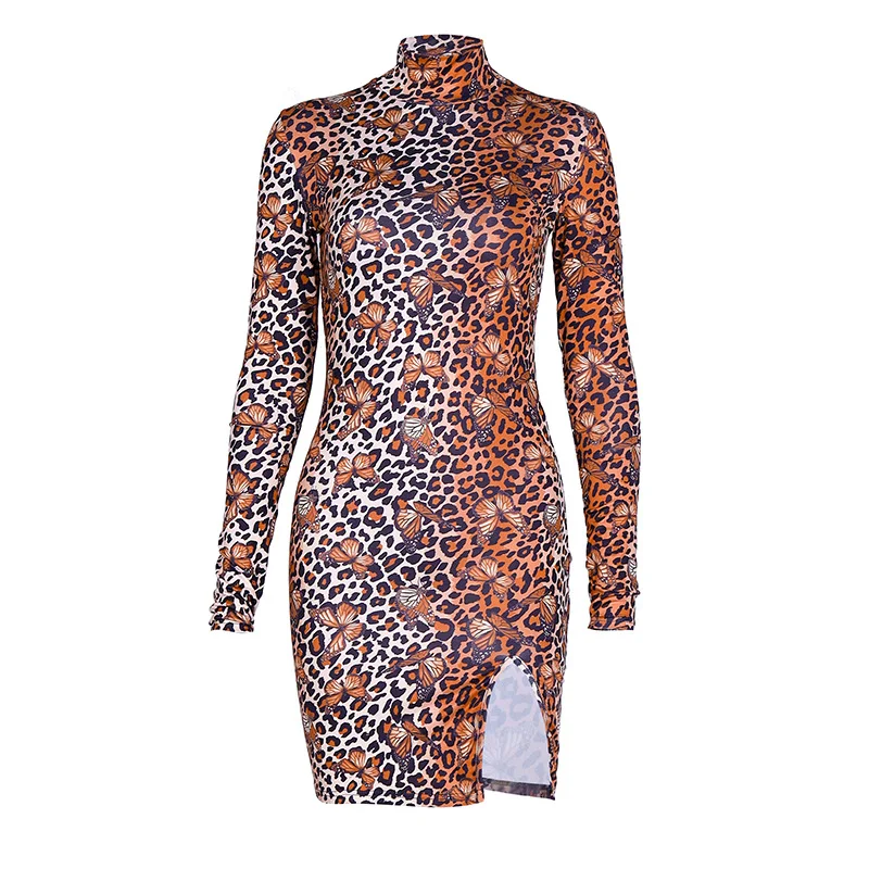 LVINMW сексуальное леопардовое платье с принтом бабочки с высоким воротом и длинным рукавом осенне-зимнее женское платье с разрезом сбоку мини облегающее женское платье для вечеринки
