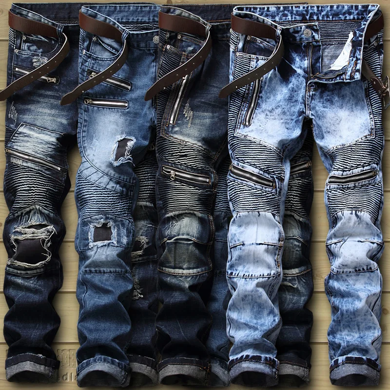 

Dropshipping Biker Jeans Men's Distressed Stretch Ripped Biker Jeans Men Hip Hop Slim Fit Holes Punk Denim Jeans Cotton Pants