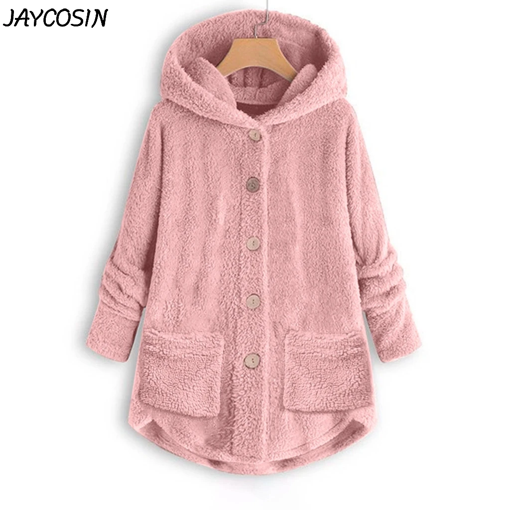 JAYCOSIN, Женское пальто, плюс размер, одноцветное, плюшевое, на пуговицах, с карманами, свободный, длинный, с капюшоном, толстовка, кардиган, пальто, зимняя, теплая, повседневная верхняя одежда