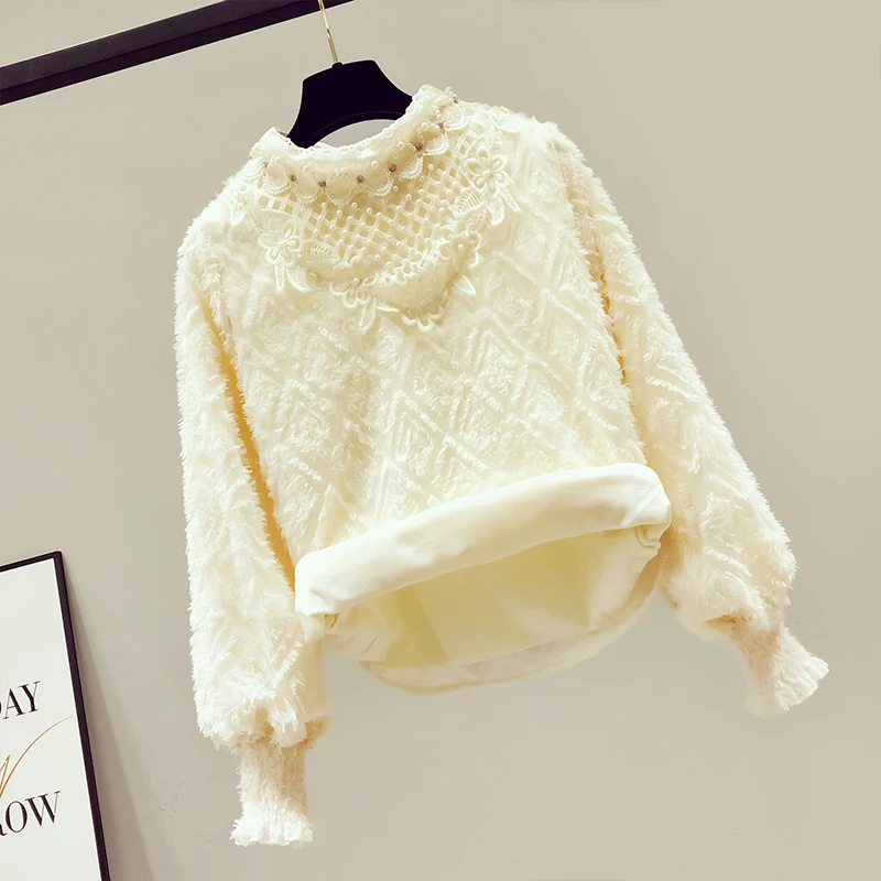 apricot with fleece Вязанная крючком кружевная рубашка Весенняя femme Повседневный Топ абрикосового цвета женская блуза с длинным рукавом из плотного флиса для девочек 2XL женские блузки с бисером femme - Цвет: apricot with fleece