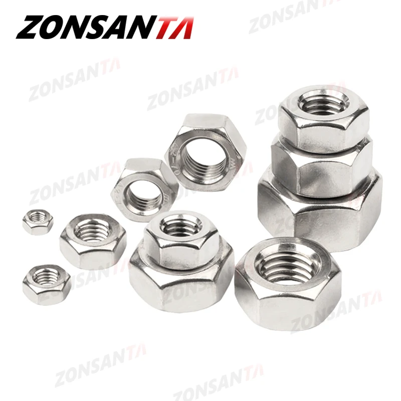 ZONSANTA métrica hexagonal de acero inoxidable 304 tuerca hexagonal DIN934 M1 M1.2 M1.4 M1.6 M2 M2.5 M3 M4 M5 M6 M8 M10 M12 M16 M20 tuercas de tornillo