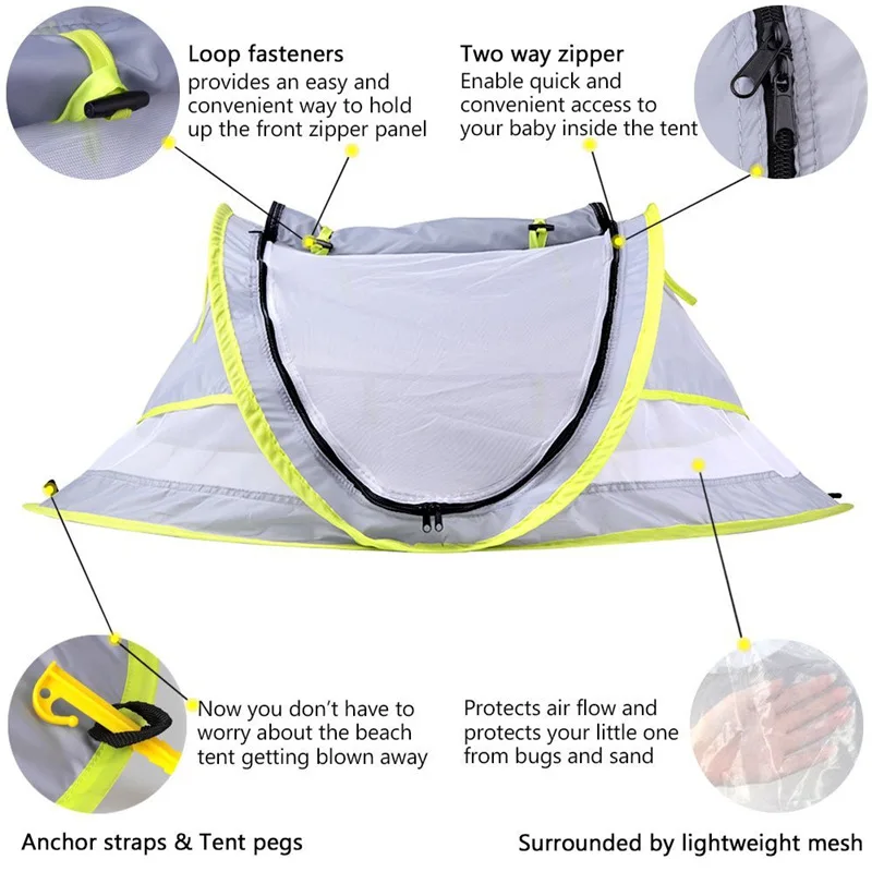 baby beach tent Baby Travel Tent Pop Up Mosquito Net and 2 Pegs Baby Travel Bed, Portable UPF 50+ Sun Shelter,