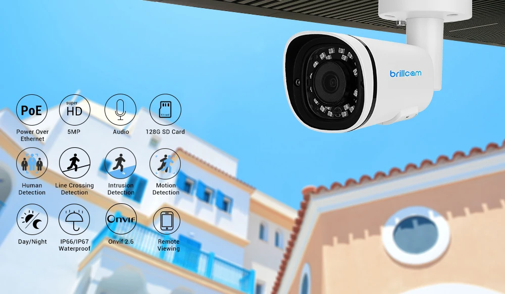 IP камера Brillcam POE 5 Мп HD с ИИ микрофоном и слотом для SD карты|Камеры видеонаблюдения|
