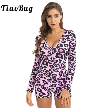 

Women Letters or Leopard Printed One-piece Nightwear Deep V Neck Long Sleeves Bodycon Slim Bodysuit Rompers Pajamas Loungewear