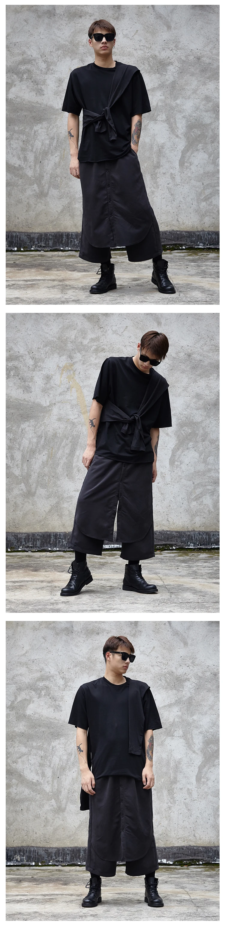 Мужской японский уличная хип-хоп готический панк шаровары брюки кимоно юбки брюки мужские поддельные 2 шт сплайсинга свободные широкие брюки повседневные