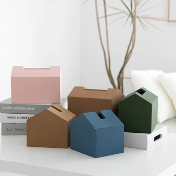 

Morandi Tone Wood Tissue Box Wood House shaped Tissue Case Art Desktop Decoration