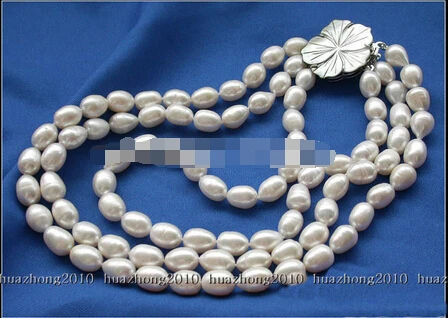 01569 3 ряда 8-9 мм белый рис пресноводный культивированный жемчуг Ожерелье