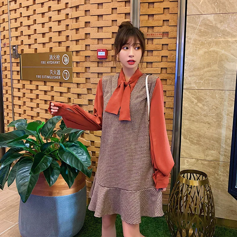 

2019 New Style Pregnancy on Clothes Autumn Clothing Fashion Joint Skirt Mid-length Base Shirt Dress Women's