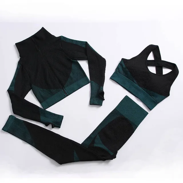 Yoga Set Workout Gym Clothing Fitness For Women's Tracksuit Outfit Leggings Sport Bras Top Long Sleeve Women Sportswear Suit 3 Pcs set Dark green