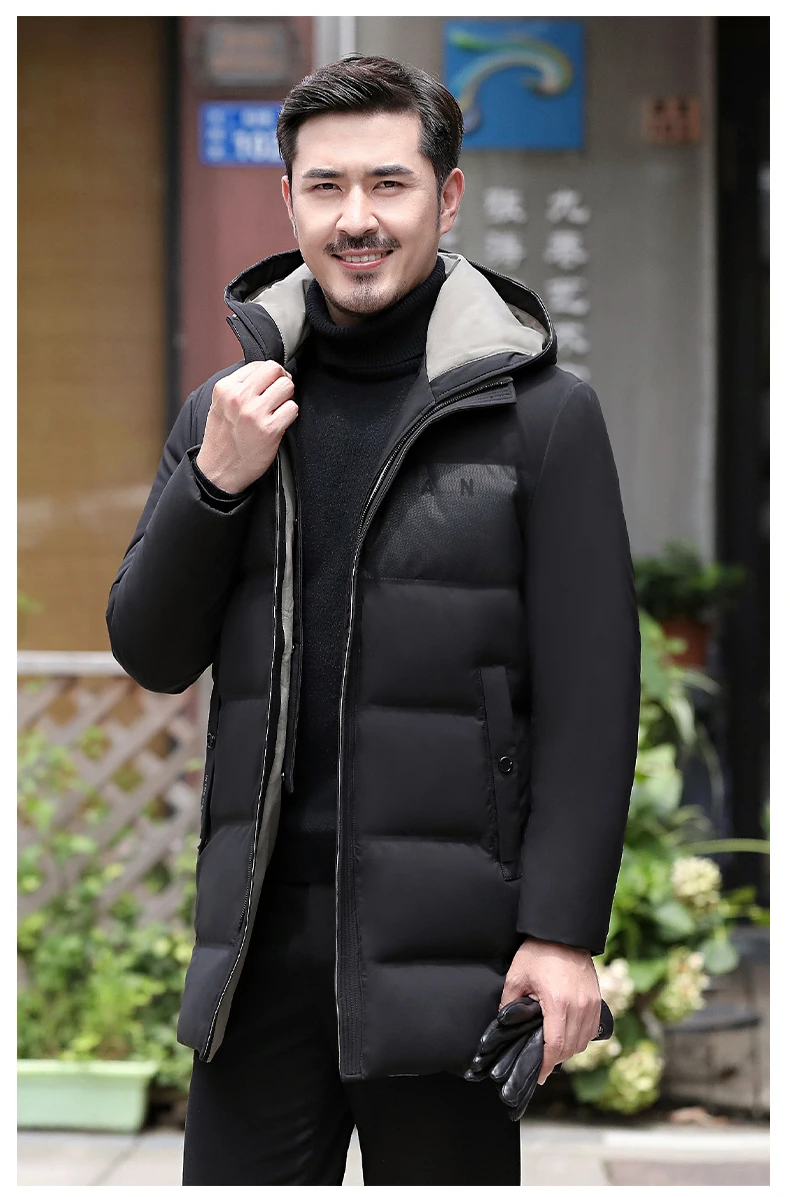 Высокое качество Теплая мужская зимняя куртка ветрозащитная Повседневная Верхняя одежда толстое пальто средней длины Мужская парка - Цвет: Черный