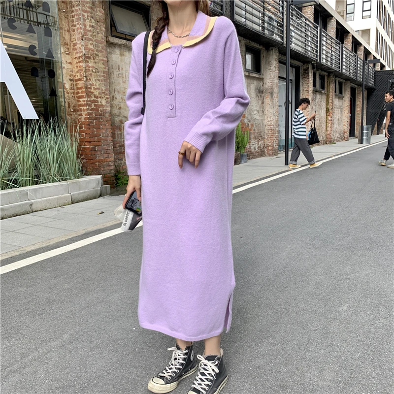 Повседневное зимнее платье женское вязаное с длинным рукавом и воротником Питер