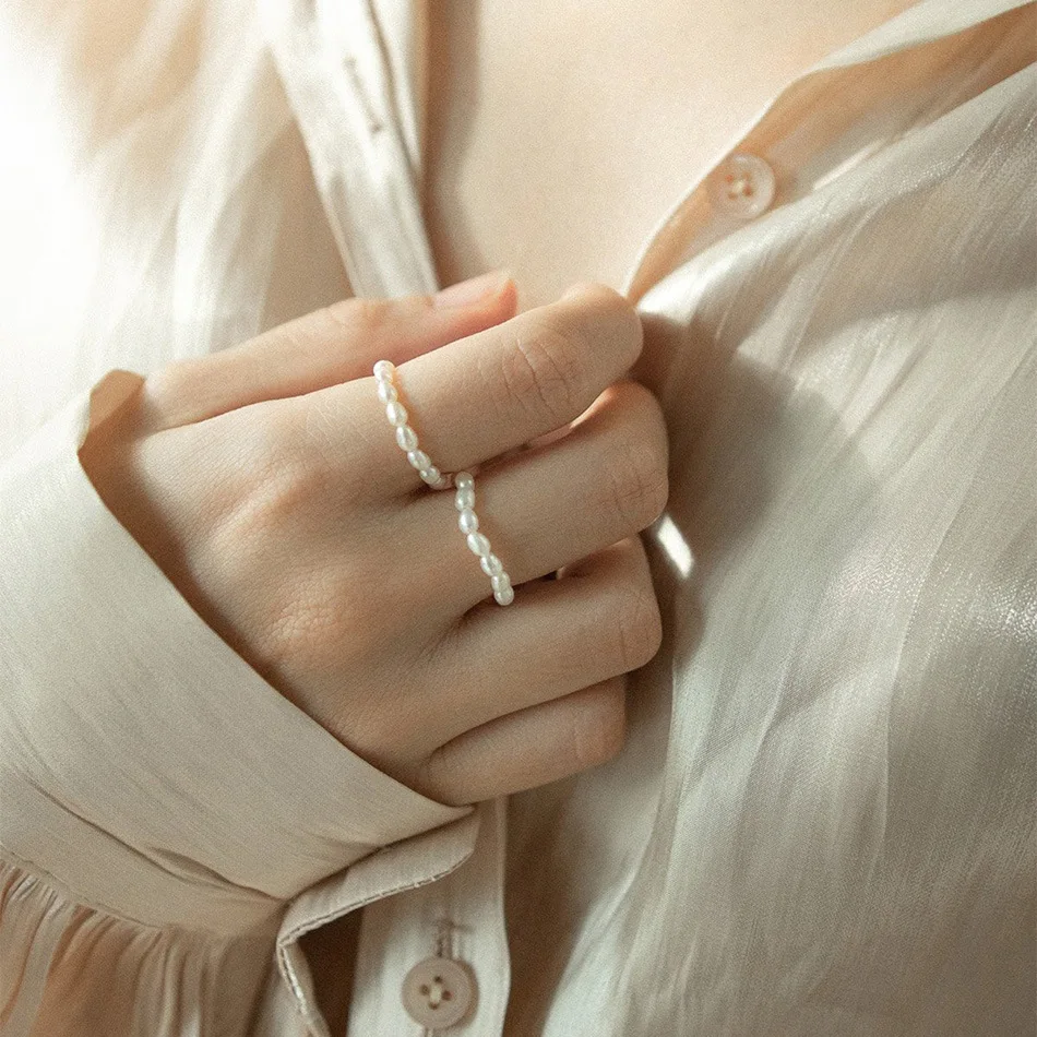 Amaiyllis S925 Sterling Silver Baroque Freshwater Pearl Elastic Ring Handmade Boho Index Finger Ring For Women Jewelry