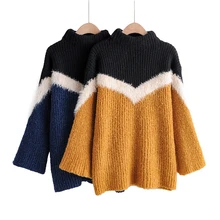 OMIKRON, новинка, свитер с высоким воротом, вязаный пуловер, комбинированный, желтый, черный, пэчворк, эластичный джемпер, Осенние, мохеровые свитеры, женские