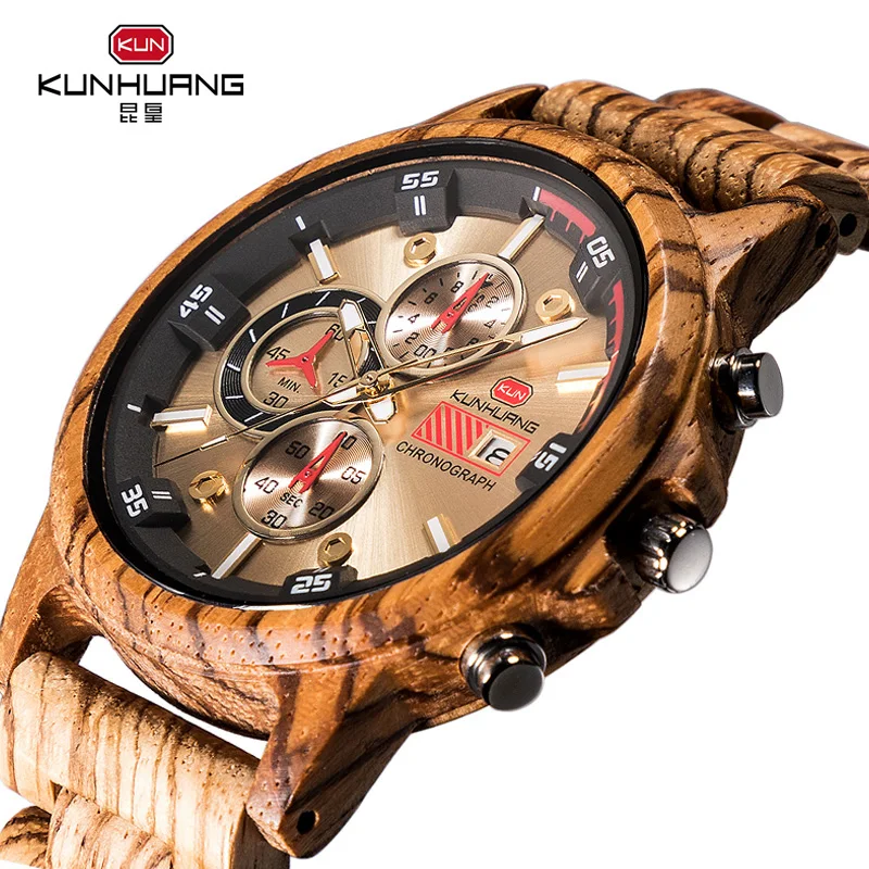 Skup Moda drewniane mężczyźni oglądać naturalne Zebra drewna zegarek z datą i wiele stref czasowych reloj hombre męska prezent zegarki W K01