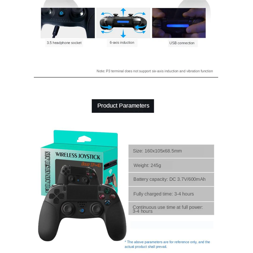 LED Wireless Bluetooth Game Controller Double Shock Console Gamepad Joypad for PS3 PS4 Instant Sharing 600mAh