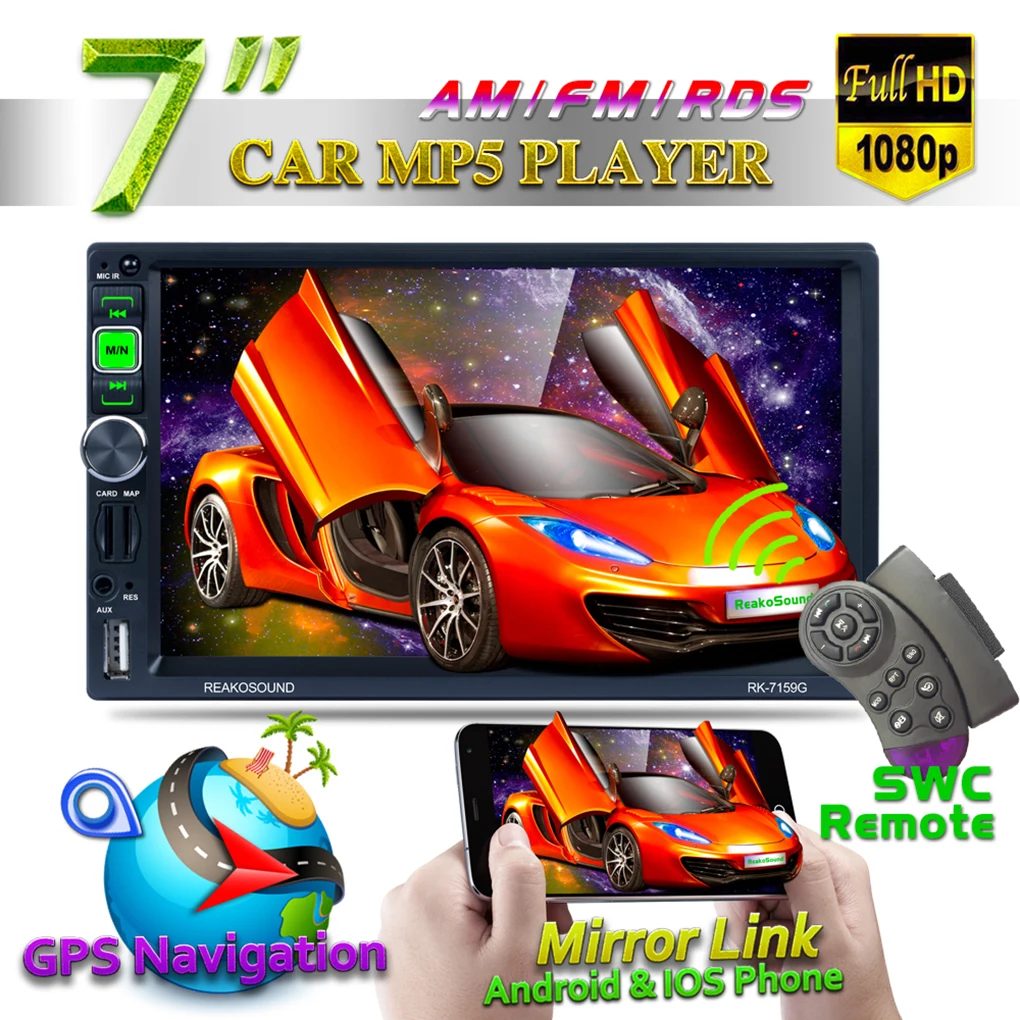

7" 2 Din Car Radio Stereo GPS Mirror Link for Android iOS Suppot RDS/AM/FM Free 8G Map TF Card Reverse Camera PK-7159G