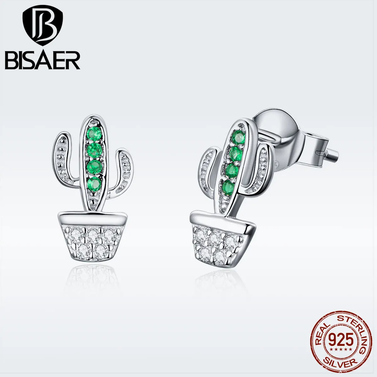 BISAER 925 пробы серебро зеленый кубический цирконий кактус серьги-гвоздики в форме растения для женщин Дешевые массивные ювелирные изделия Brincos GXE522