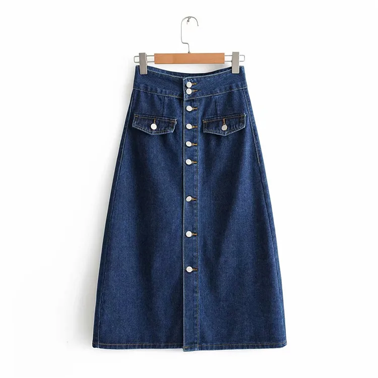 

Bc-9046 # WOMEN'S Dress Europe And America Retro High-waisted Solid Color Row Button A- line Mid-length Denim Skirt
