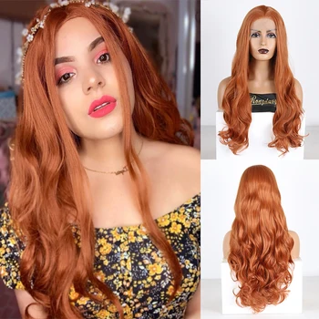 

RONGDUOYI Long Orange Wavy Wig Heat Resistant Fiber Hair Synthetic Lace Front Wigs for Women Cosplay Wigs Middle Part Lace Wig