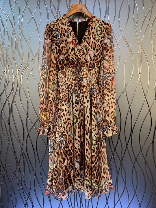 

2019 Early Autumn New Woman V-collar Back Zipper Decorative Leopard Printed Long Sleeve Dress 901