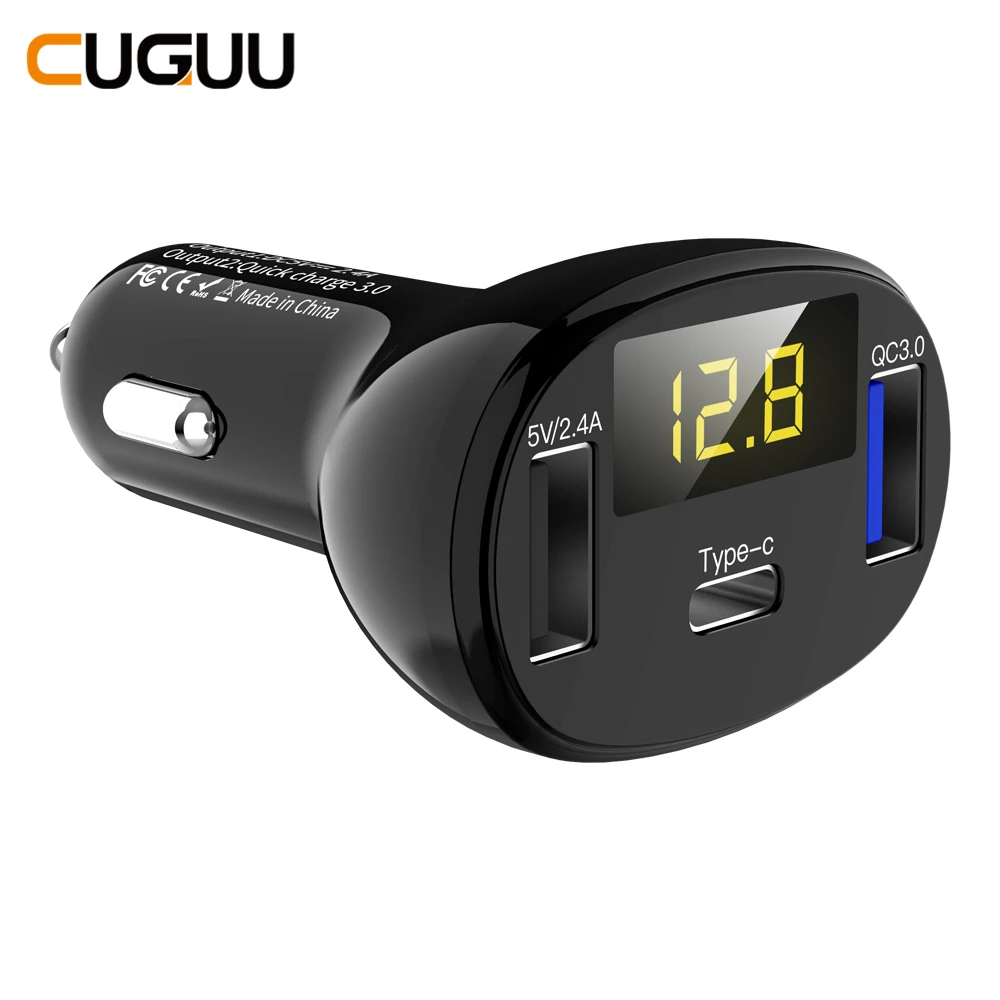 

32W QC 3.0 Car Charger 3 USB Type C Ports For Phone Fast USB Car Charger For iPhone LED Quick Charging For Xiaomi Voltmeter CHK